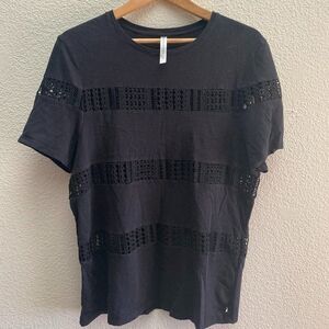 Fabletics Black Short-Sleeve Crochet Panel Tee
